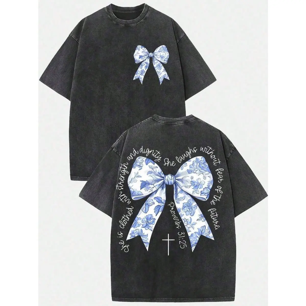 Proverbs 31:25 Blue Floral Bow Christian Tee, She Is Clothed With Strength and Dignity Washed Oversized Front and Back Faith T-Shirt