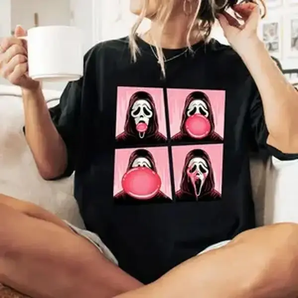 Ghostface Bubble Gum Pink Scream Movie Graphic Tee, Halloween Horror Costume Summerween Loose Fit Women's Streetwear Crew Neck T-Shirt