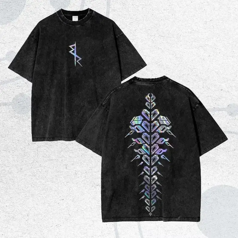 Cyber Metal Phantom Liberty Holographic Spine Graphic Tee, Vintage Wash Front and Back Print Oversized Metalhead Streetwear T-Shirt for Men