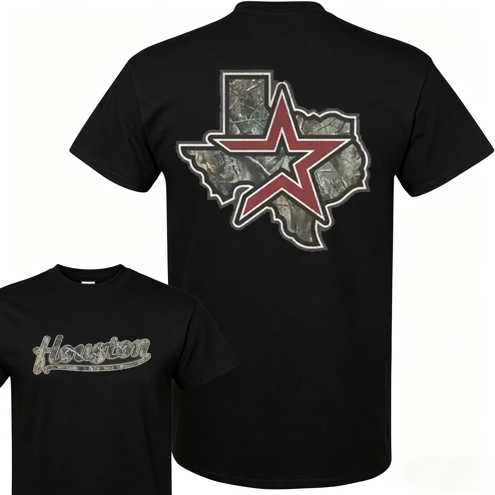 Vintage Houston Texas Camo Star Graphic Tee, Front and Back Print Heavyweight Cotton Baseball Fan Streetwear T-Shirt, Casual Unisex Top