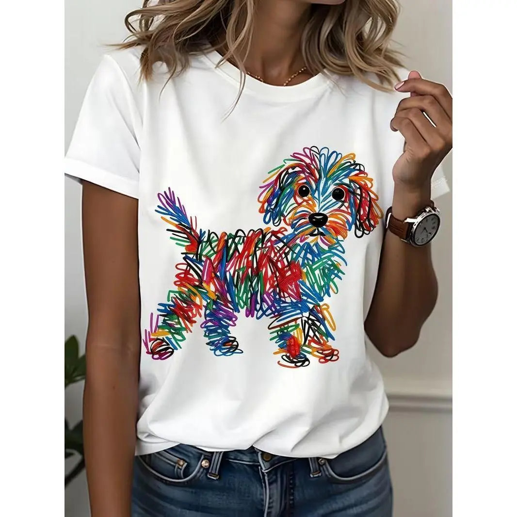 Rainbow Doodle Poodle Puppy Print Graphic Tee, Colorful Dog Mom Pet Lover Art Aesthetic Women's Cotton Short Sleeve Streetwear T-Shirt