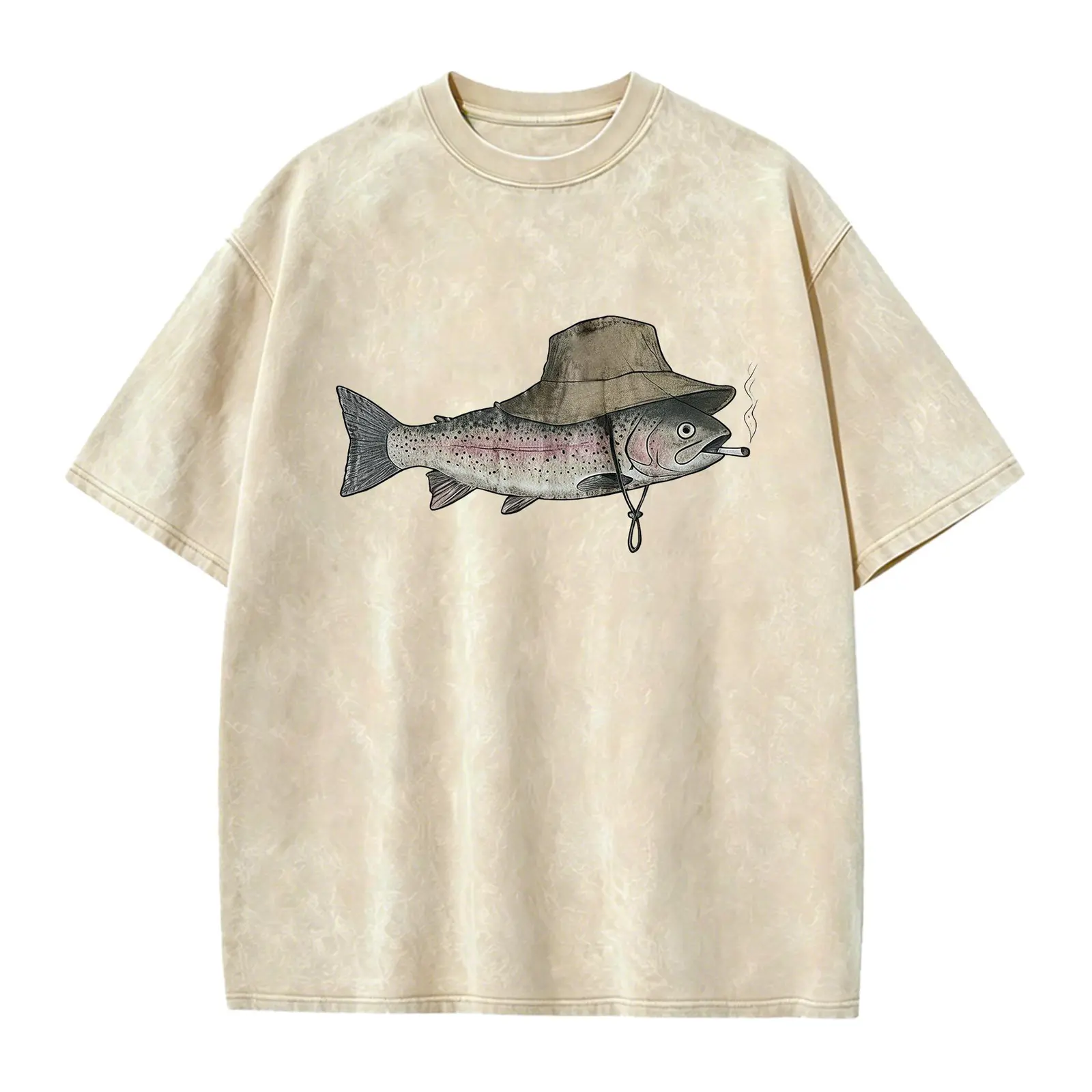 Funny Trout in Bucket Hat Vintage Graphic Tee, Retro Fishing Fish Art Washed T-Shirt, Casual Streetwear Cotton Short Sleeve Top for Women