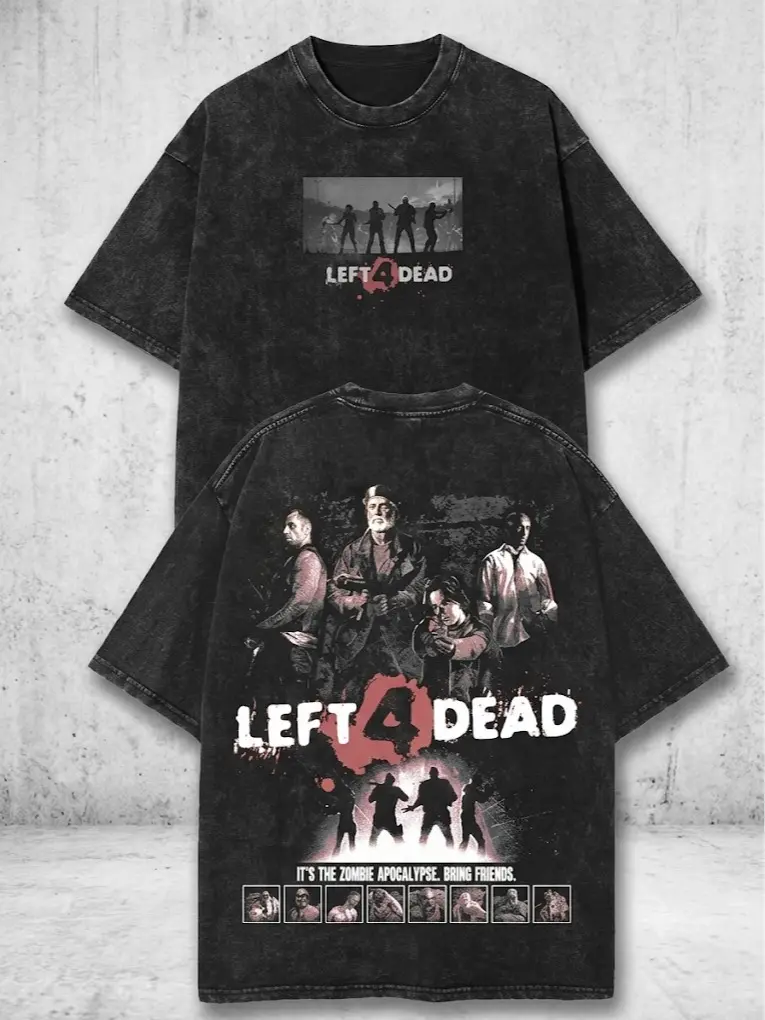 Left 4 Dead Zombie Survivors Video Game Graphic Tee, Vintage Grunge Gamer Distressed Acid Washed Double-Sided Oversized Streetwear T-Shirt