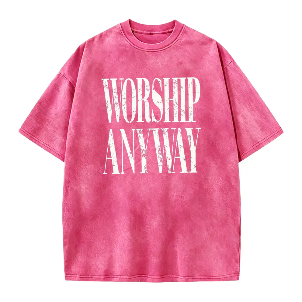 Worship Anyway Distressed Christian Graphic Tee, Faith Inspired Religious Vintage Washed Church Outfit Short Sleeve Unisex T-Shirt