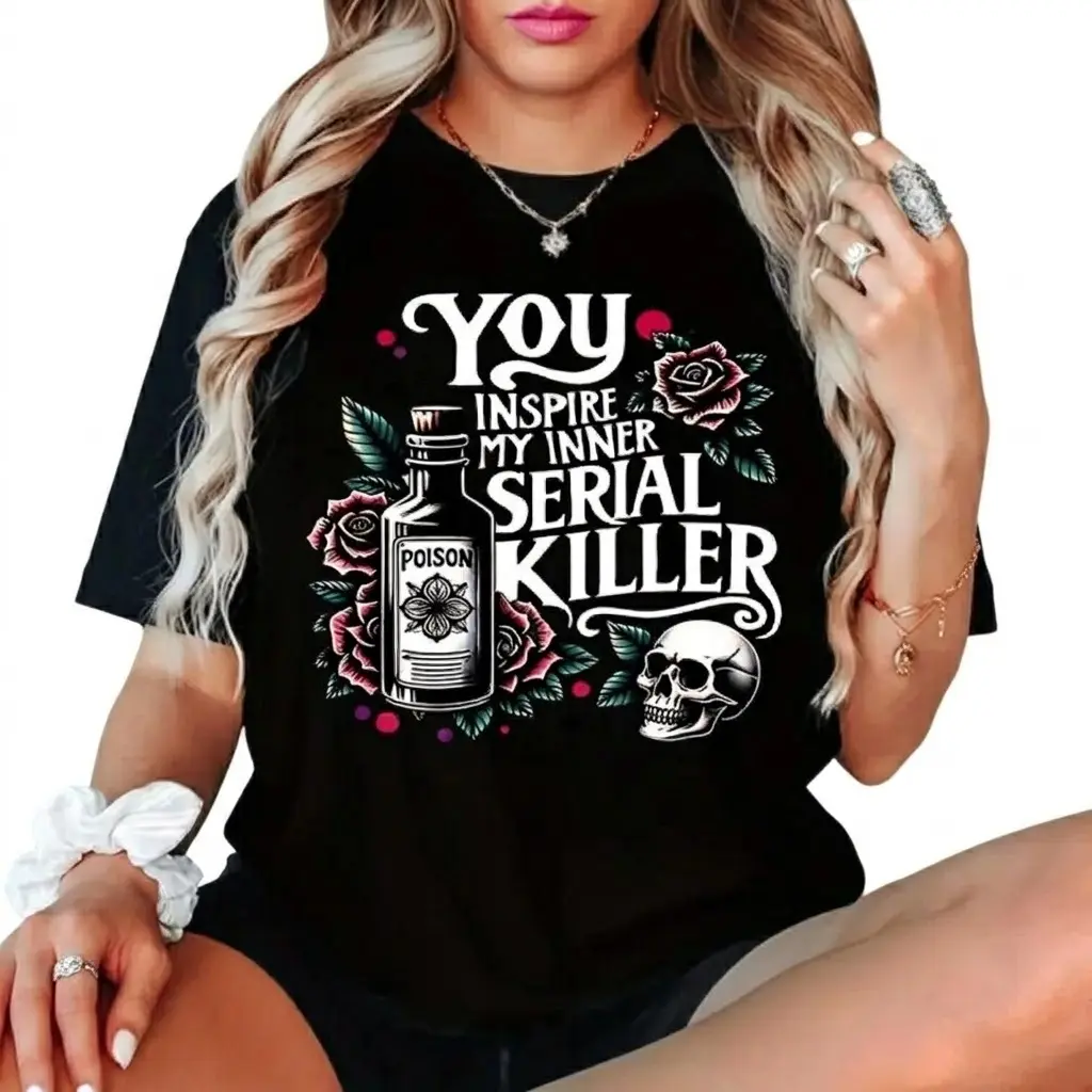 You Inspire My Inner Serial Killer Skull Roses Poison Bottle Graphic Tee, Sarcastic Edgy Streetwear Loose Boxy Crewneck T-Shirt