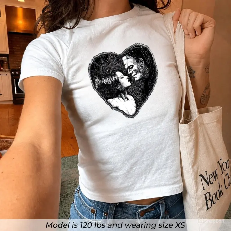 Frankenstein and Bride Heart Baby Tee, 80s Vintage Inspired Retro Halloween Graphic Tee, Fitted Cotton Women's Shrunken Top