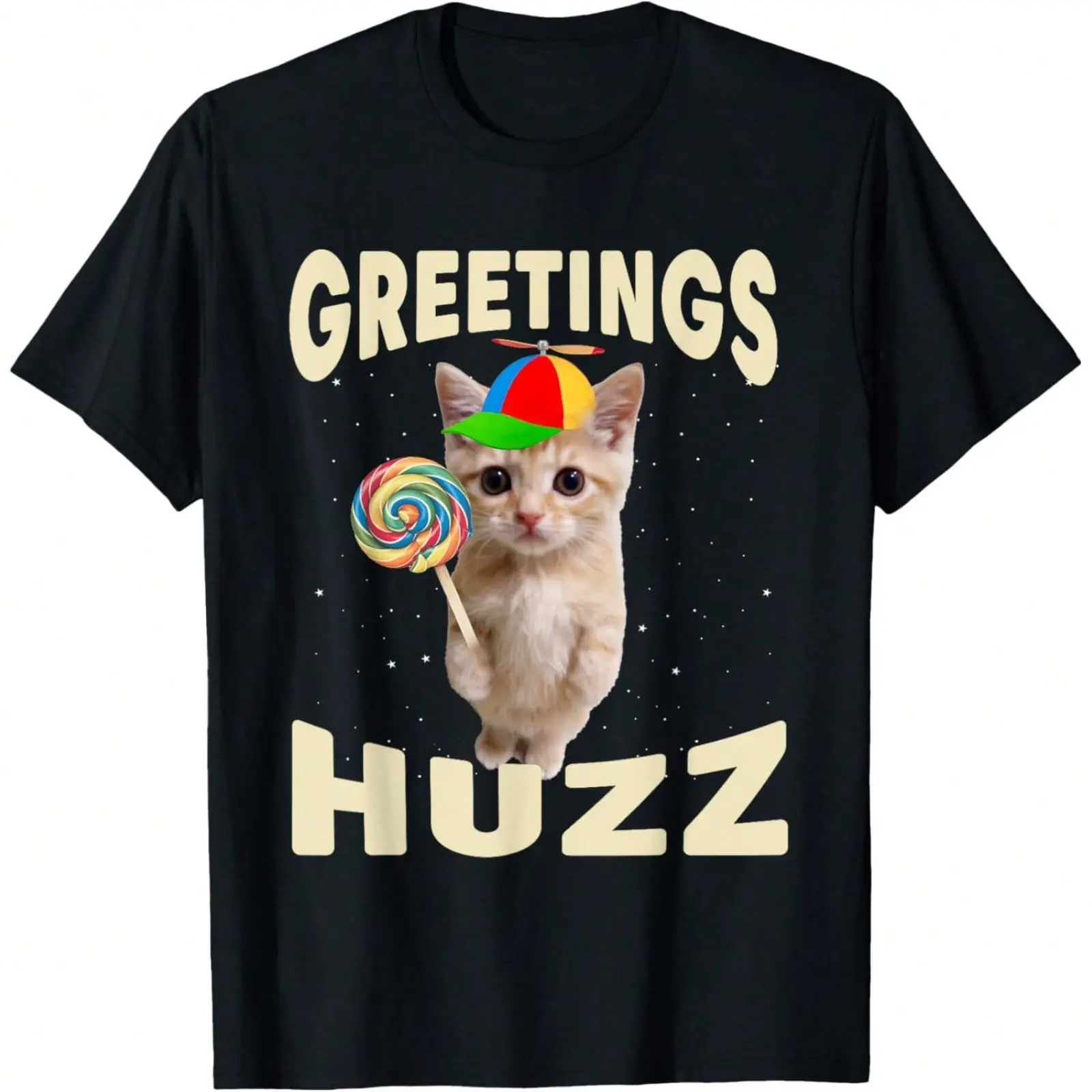 Greetings Huzz Funny Gen Z Slang Cat Meme Graphic Tee, Propeller Hat Kitten Lollipop Print Streetwear Cotton Crew Neck Men's T-Shirt