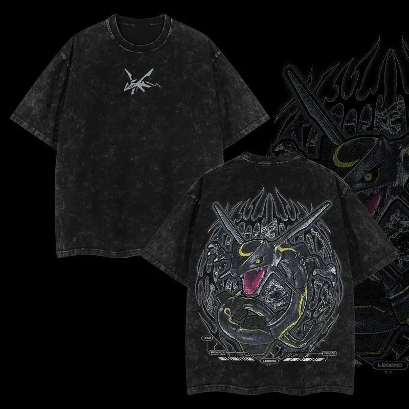 Rayquaza Legendary Dragon Anime Graphic Tee, Vintage Acid Washed Oversized Heavyweight Front and Back Print Streetwear T-Shirt