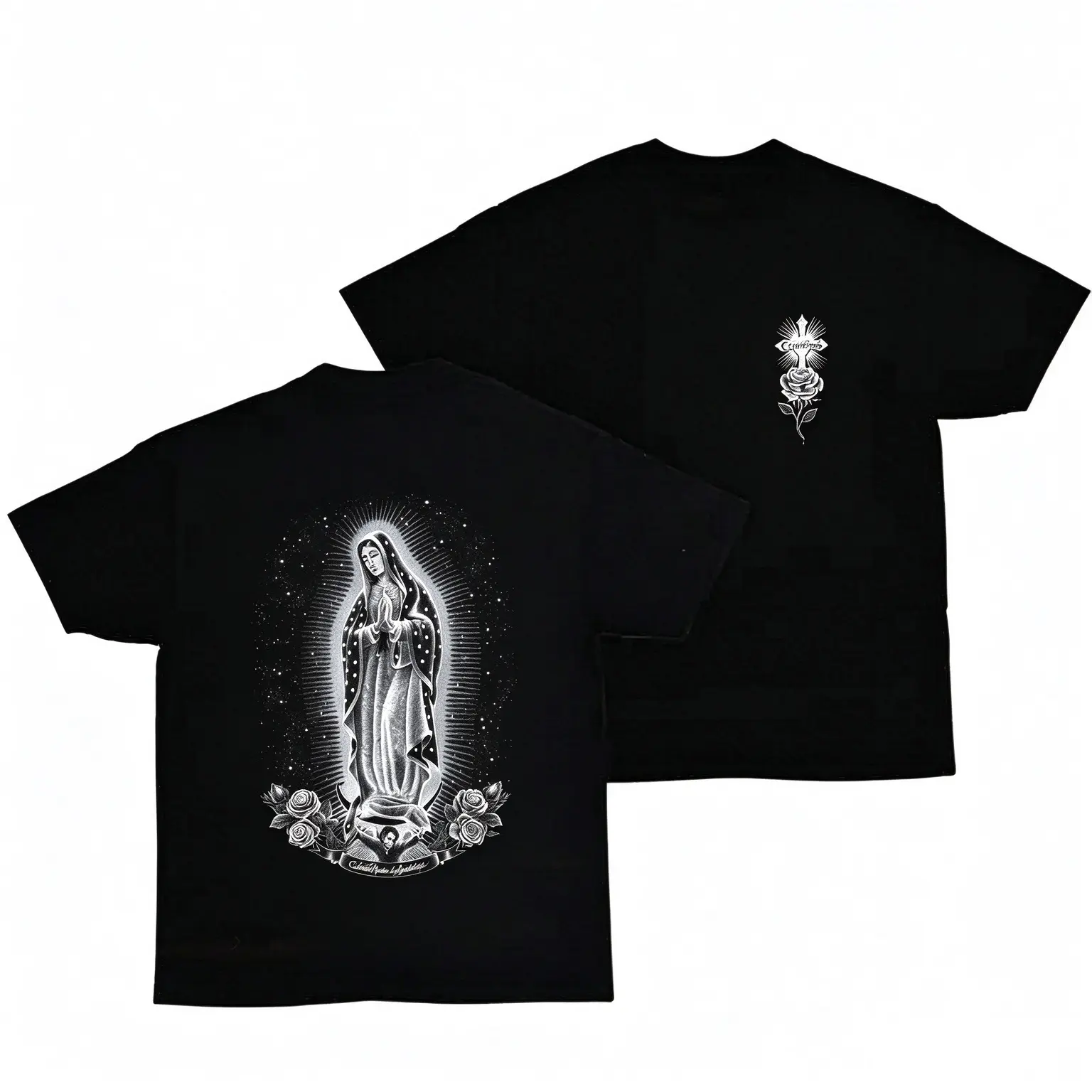 Vintage Virgin Mary Our Lady of Guadalupe Graphic Tee, Religious Catholic Faith Cross Rose Front and Back Print Unisex Streetwear T-Shirt