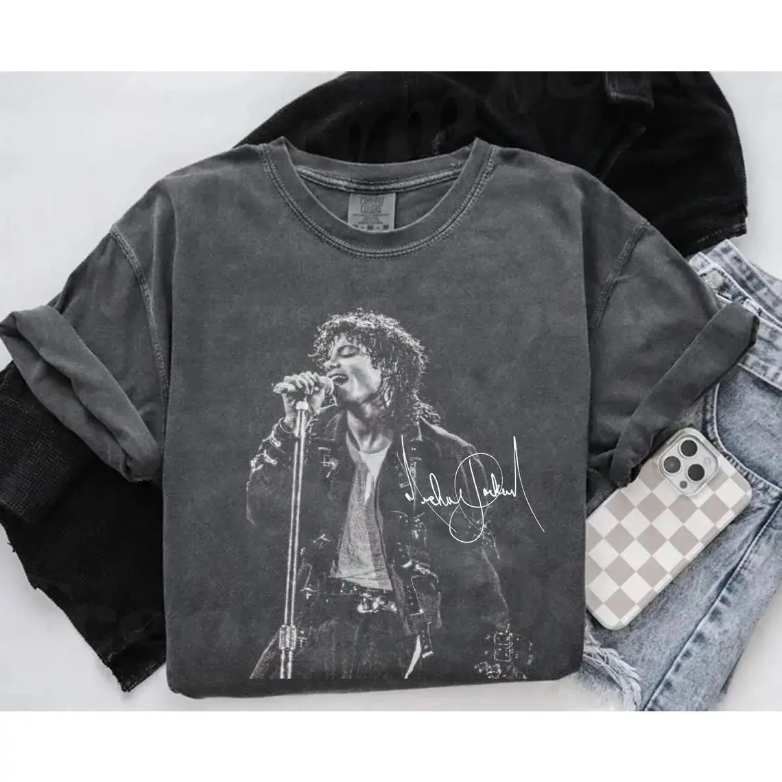 Michael Jackson Vintage 90s Style Concert Photo Graphic Tee, King of Pop Signature Print Washed Pure Cotton Unisex Music T-Shirt