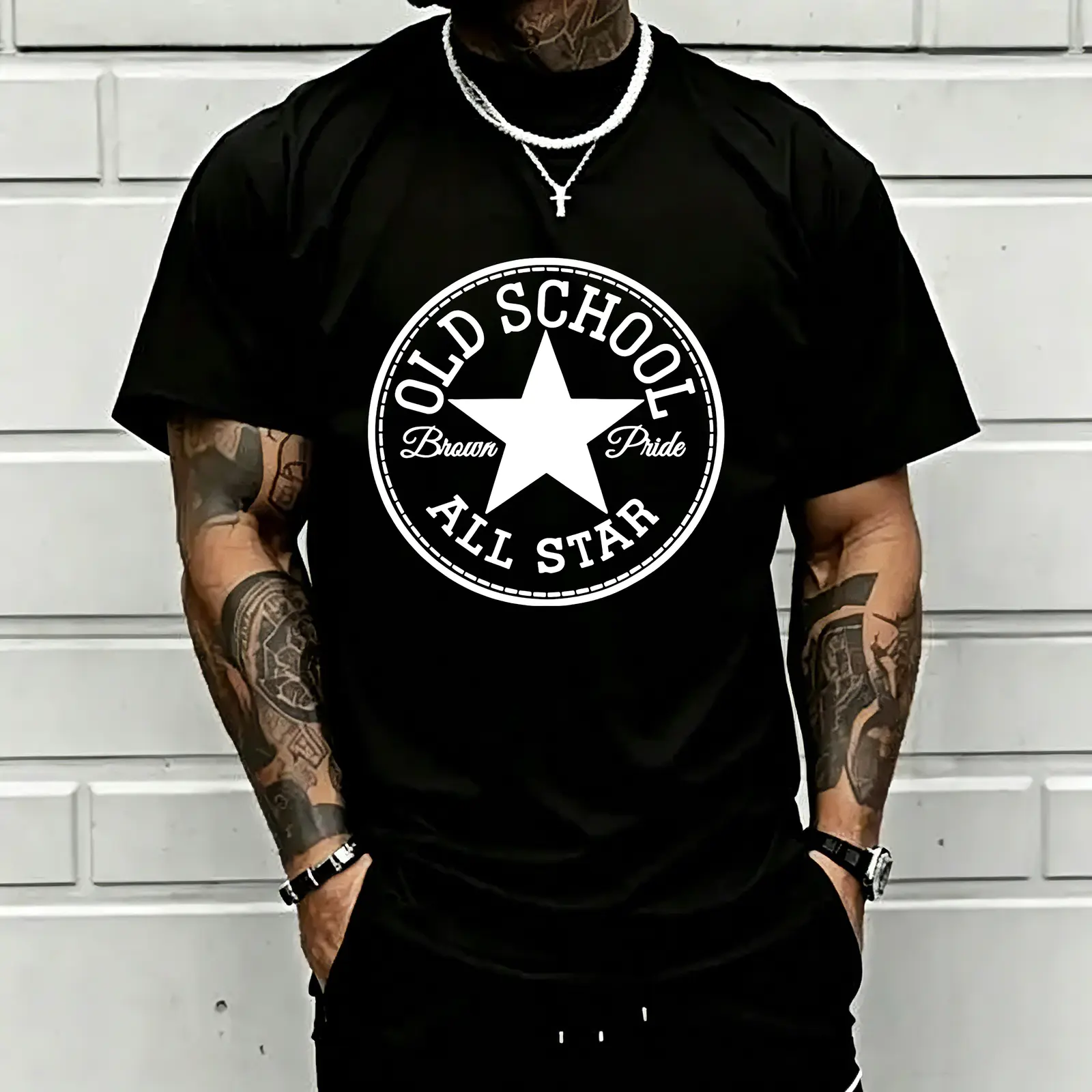 Old School All Star Brown Pride Star Circle Graphic Tee, Vintage Retro Streetwear Classic Regular Fit Unisex Cotton T-Shirt