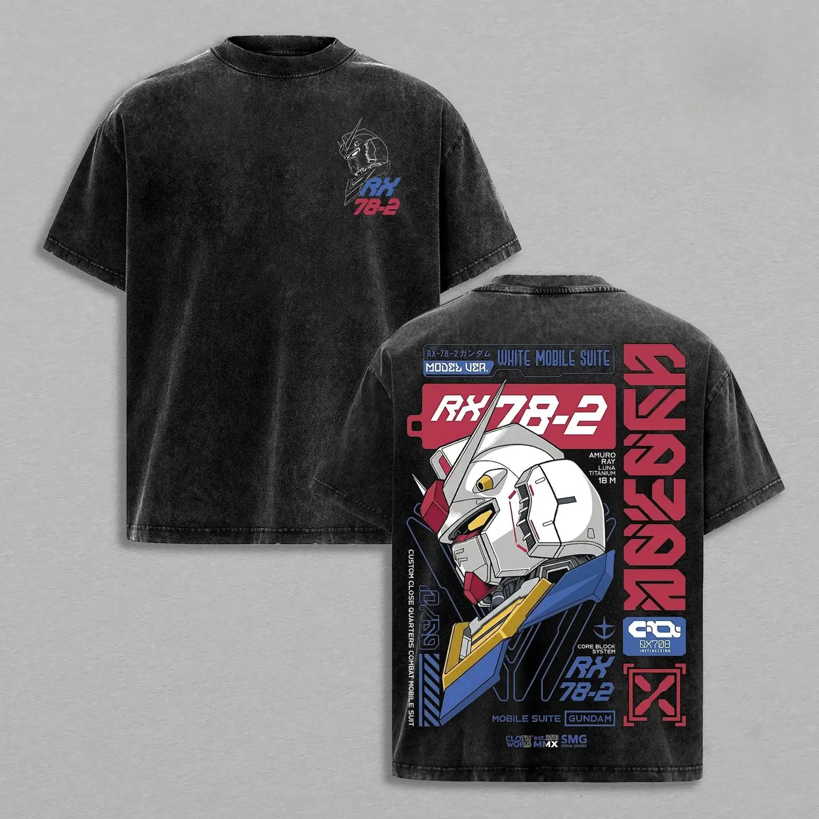 RX-78-2 Gundam Helmet Mecha Anime Graphic Tee, Retro Faded Stone Wash Vintage T-Shirt, Dual-Sided Print Vertical Lettering Otaku Streetwear