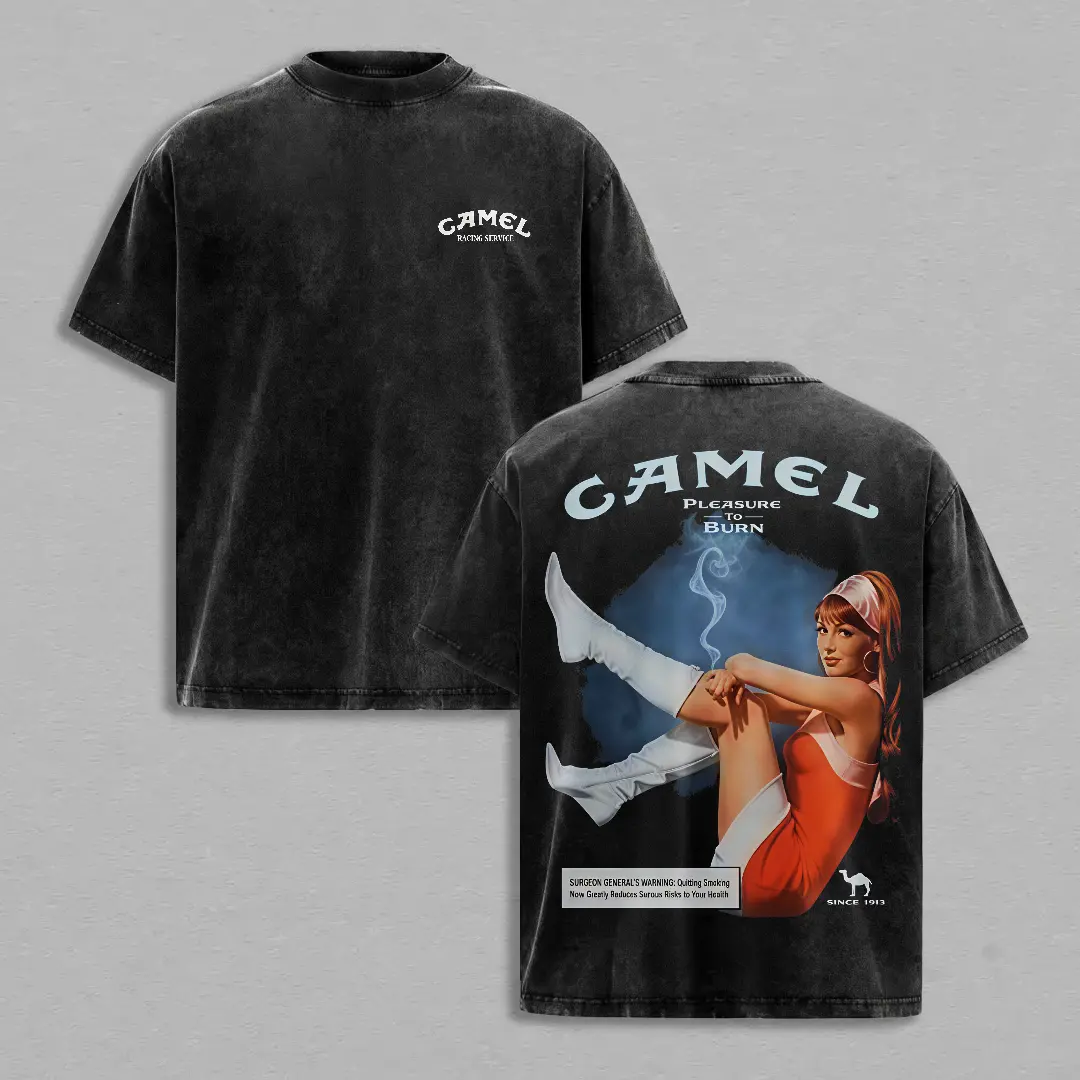 Camel Pinup Girl Retro Cigarette Ad Graphic Tee, Vintage Acid Wash Distressed Double-Sided Oversized T-Shirt for Men, Casual Streetwear Top