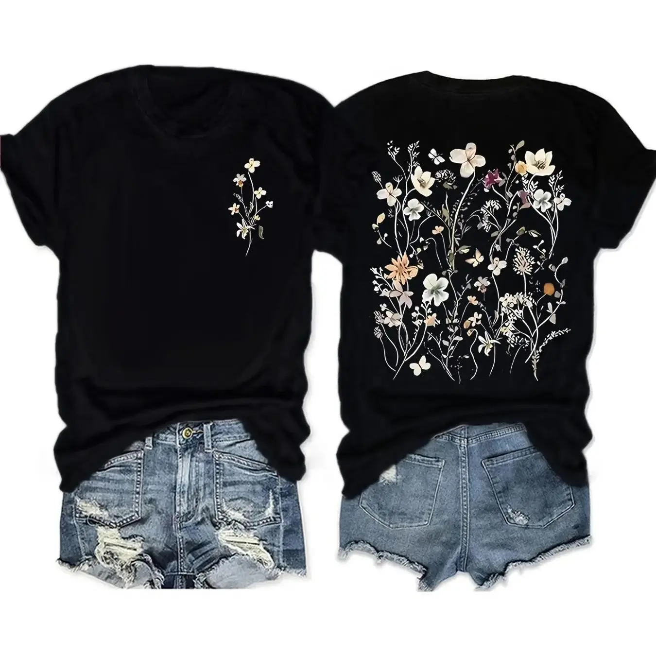 Boho Wildflower Double-Sided Graphic Tee, Y2K Vintage Floral Pressed Flowers Aesthetic Women's Plus Size Casual Summer Crew Neck T-Shirt