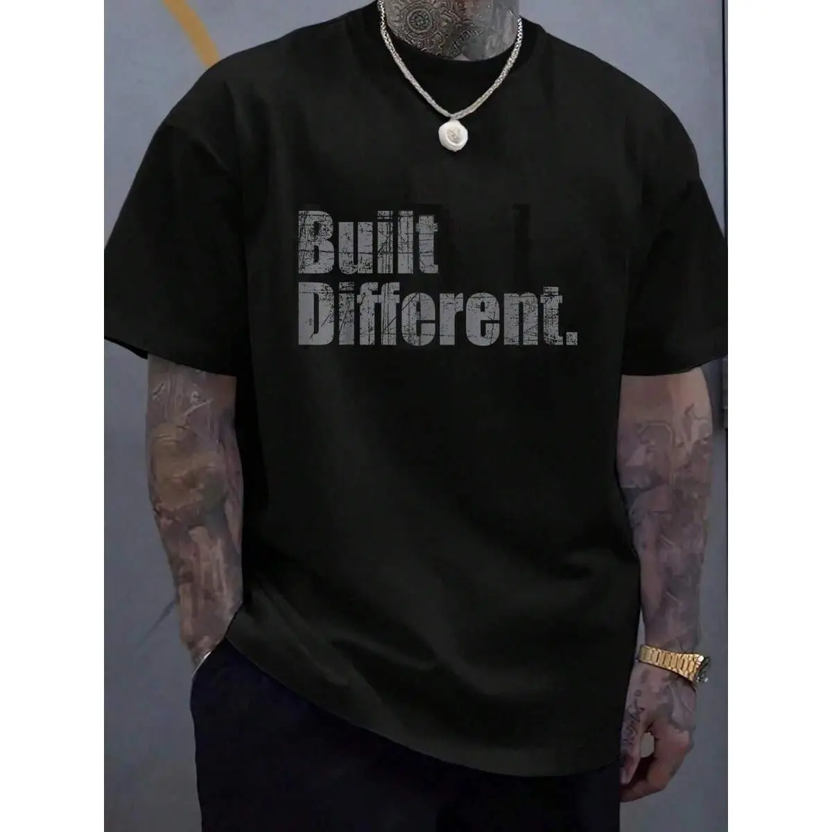 Built Different Funny Vintage Distressed Text Graphic Tee, Minimalist Motivational Gym Slogan Short Sleeve Unisex T-Shirt for Men and Women
