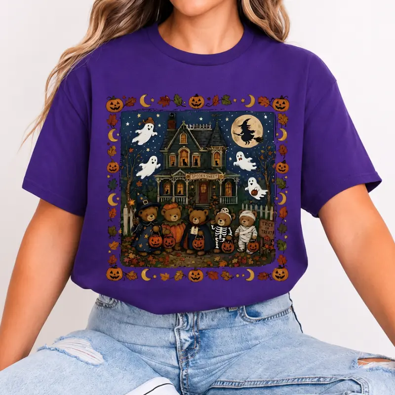 90s Bears Halloween Sweatshirt, Trick or Treat Haunted House Pumpkin Crewneck, Vintage Spooky Season Pullover Sweatshirt and Graphic Tee