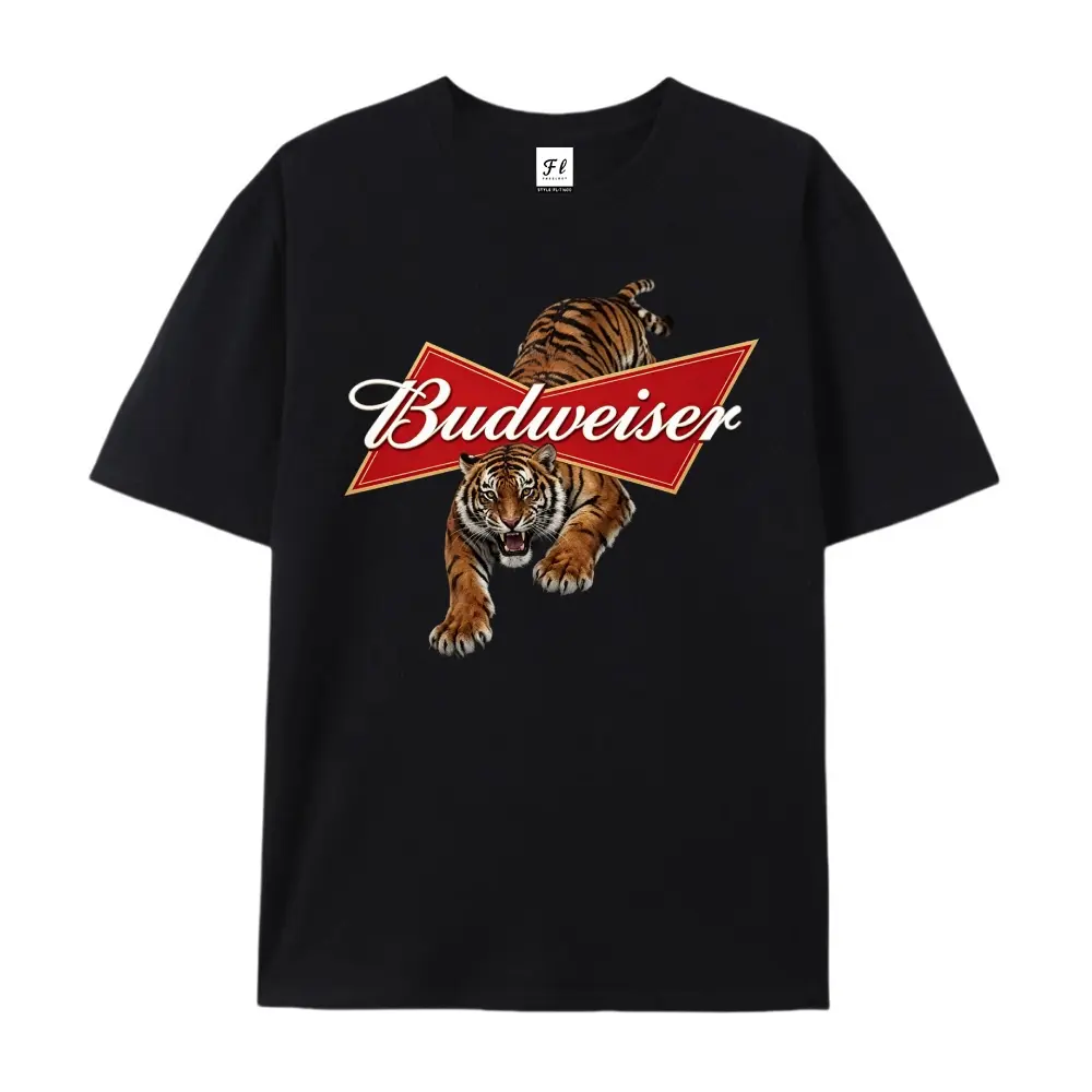 Vintage Style Budweiser Tiger Graphic Tee, Retro Beer Logo Crouching Tiger Print Washed T-Shirt, Cotton Tee, Sweatshirt and Hoodie