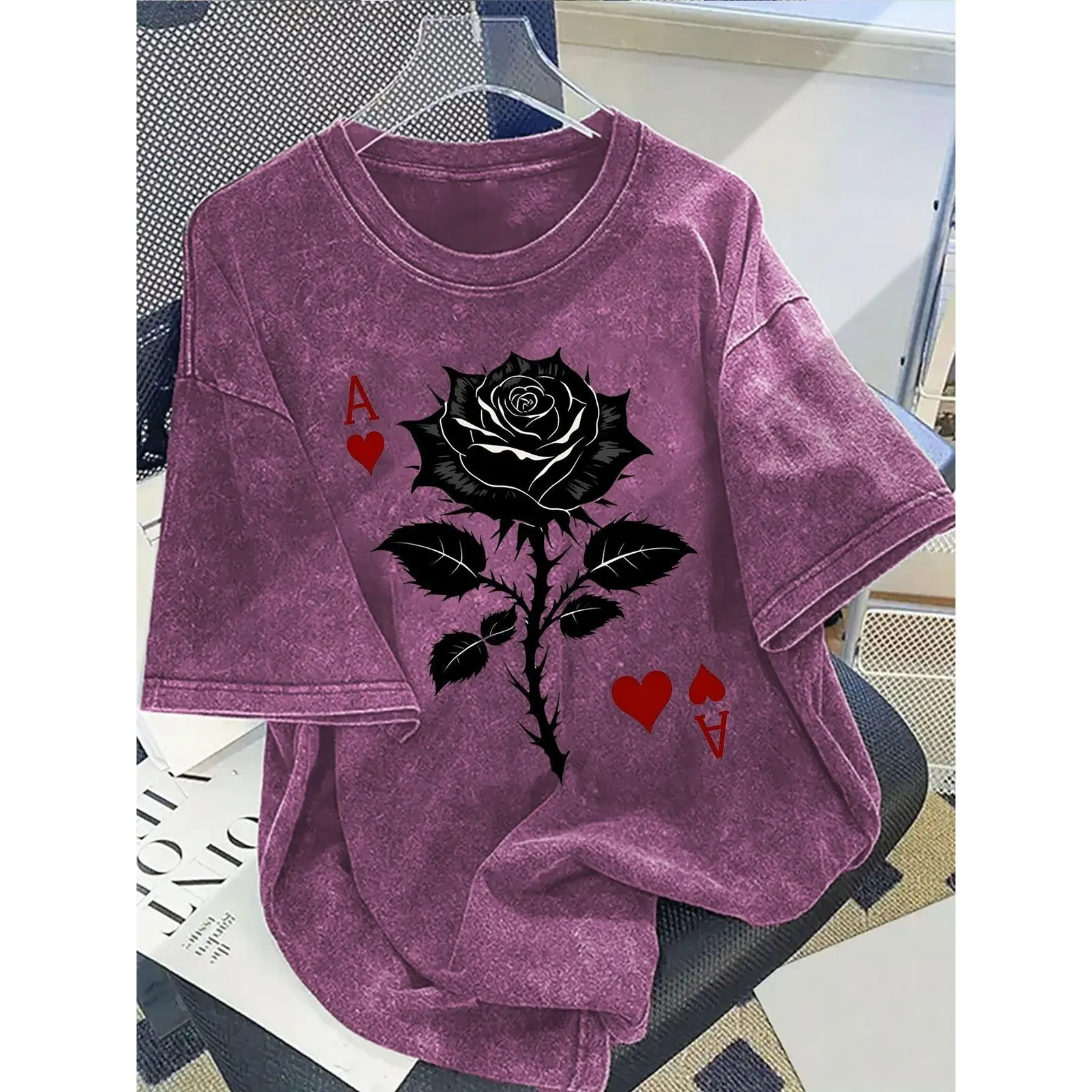 Ace of Hearts Black Rose Graphic Tee, Vintage Washed Oversized Retro Streetwear Floral Playing Card Print Unisex Cotton T-Shirt