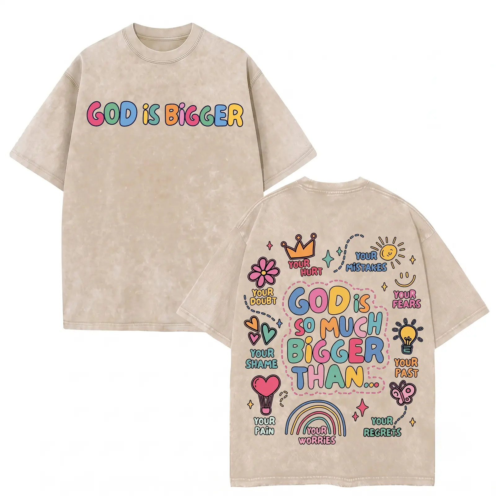 God Is Bigger Christian Graphic Tee, Vintage Acid Wash Heavyweight Oversized Baggy T-Shirt, Y2K Retro Faith Streetwear Front and Back Print