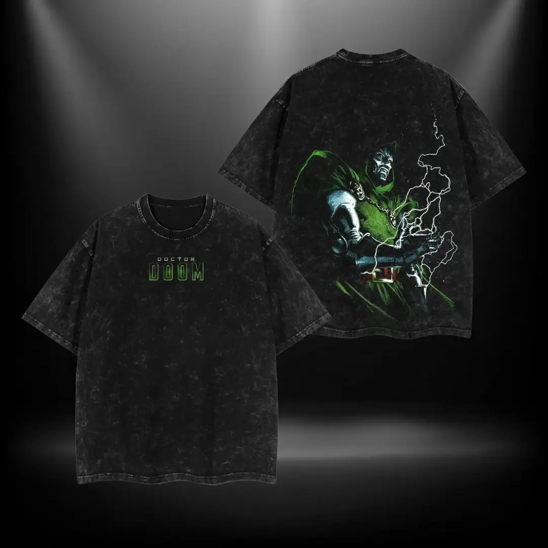 Doctor Doom V2 MCU Comic Double-Sided Graphic Tee, Marvel Villain Lightning Back Print Oversized Lightweight Acid Washed Streetwear T-Shirt