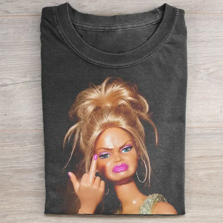 Funny Shocked Doll Middle Finger Graphic Tee, Sassy Blonde Doll Vintage Washed Streetwear Garment-Dyed Cotton Relaxed Oversized T-Shirt