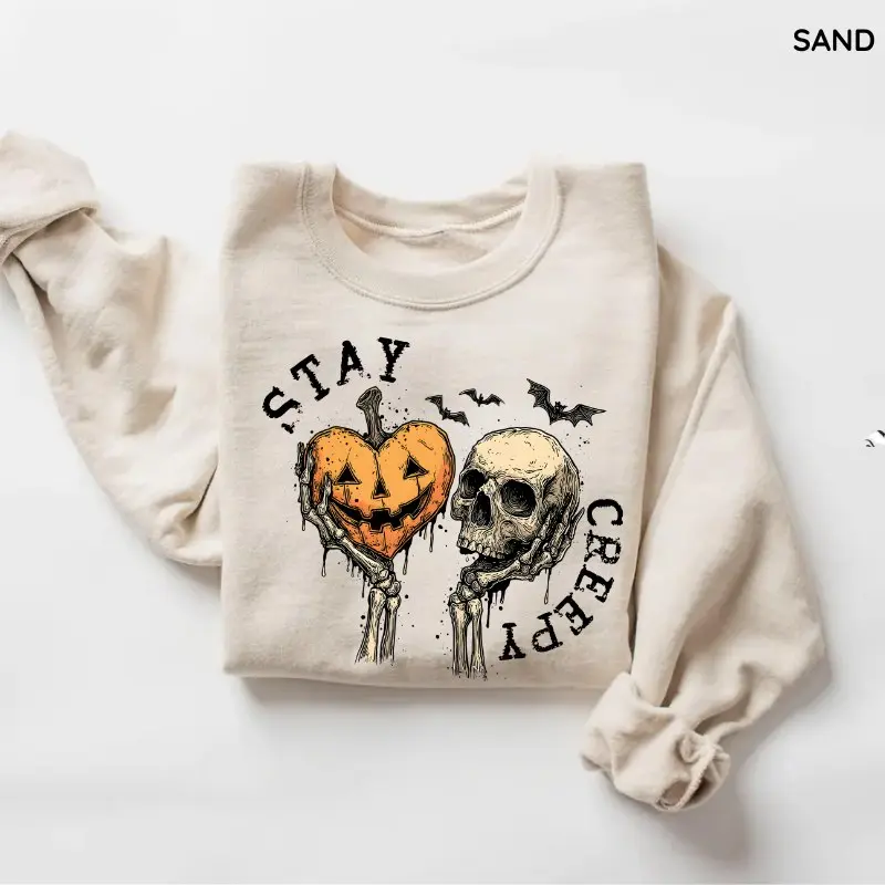Stay Creepy Halloween Sweatshirt, Retro Dripping Pumpkin Heart Skeleton Hand Skull Spooky Graphic Crewneck, Grunge Horror Vintage Fall Pullover