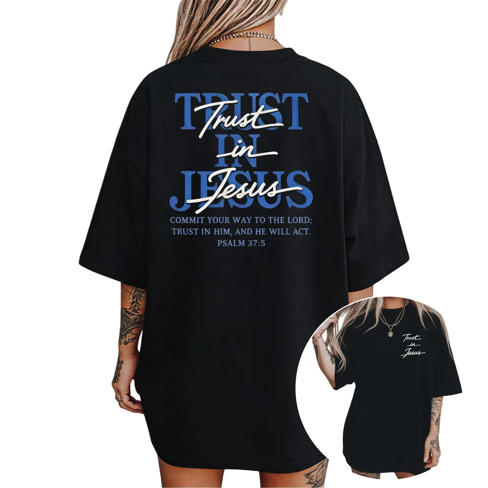 Trust In Jesus Psalm 37 5 Bible Verse Christian Graphic Tee, Faith Front and Back Print Oversized Washed Vintage Unisex T-Shirt