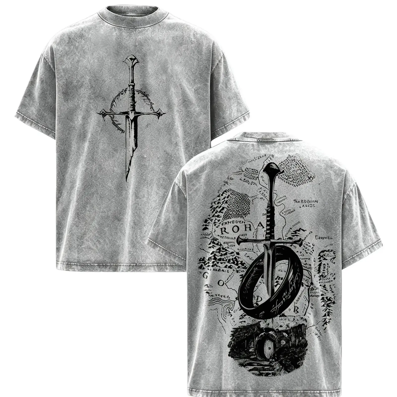 Middle Earth Map Ring Fantasy Movie Graphic Tee, Vintage Acid Washed Front and Back Print Oversized Retro Streetwear T-Shirt