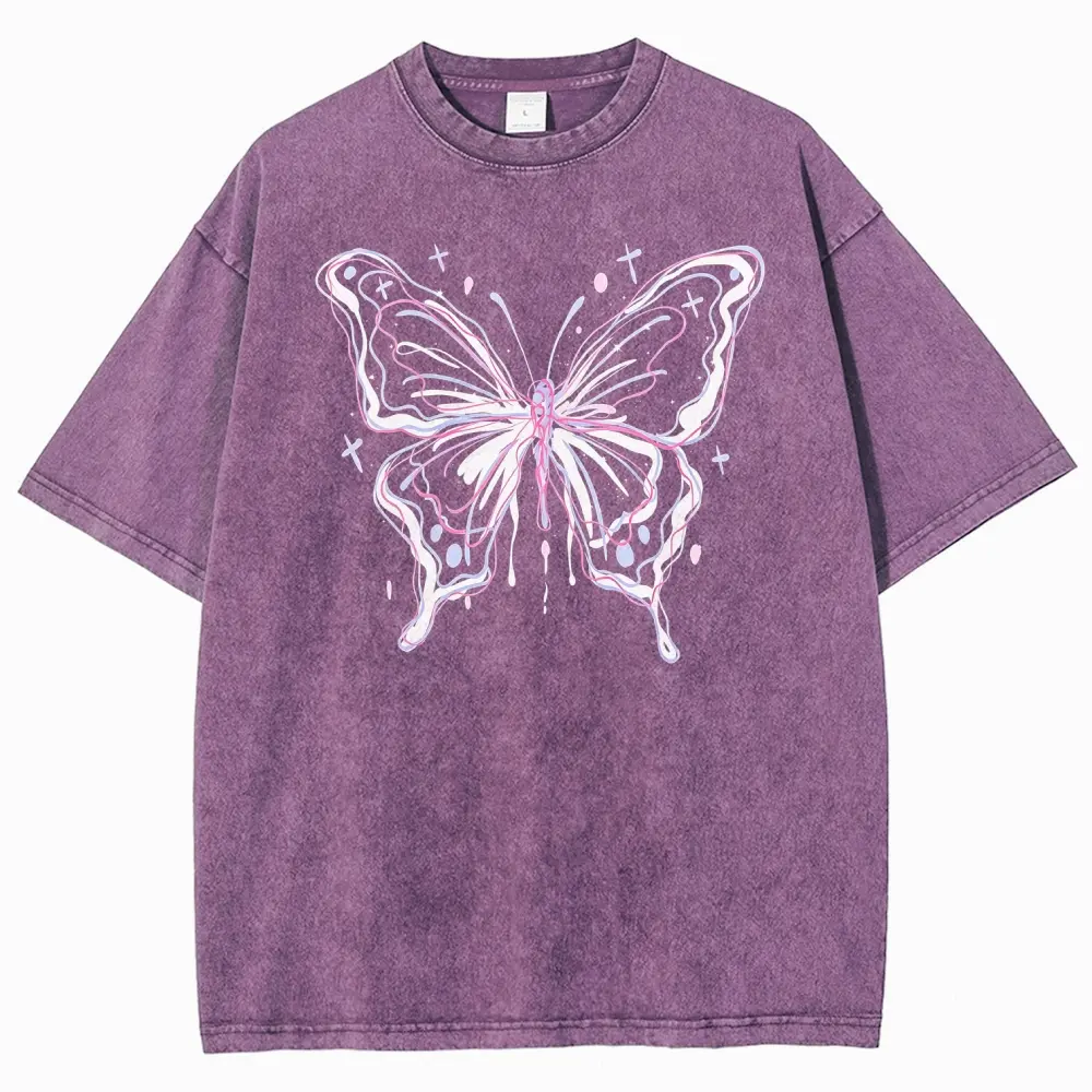 Pink White Drip Line Art Butterfly Star Cross Graphic Tee, Vintage Washed Oversized Unisex T-Shirt, Trendy Y2K Streetwear Cotton Top