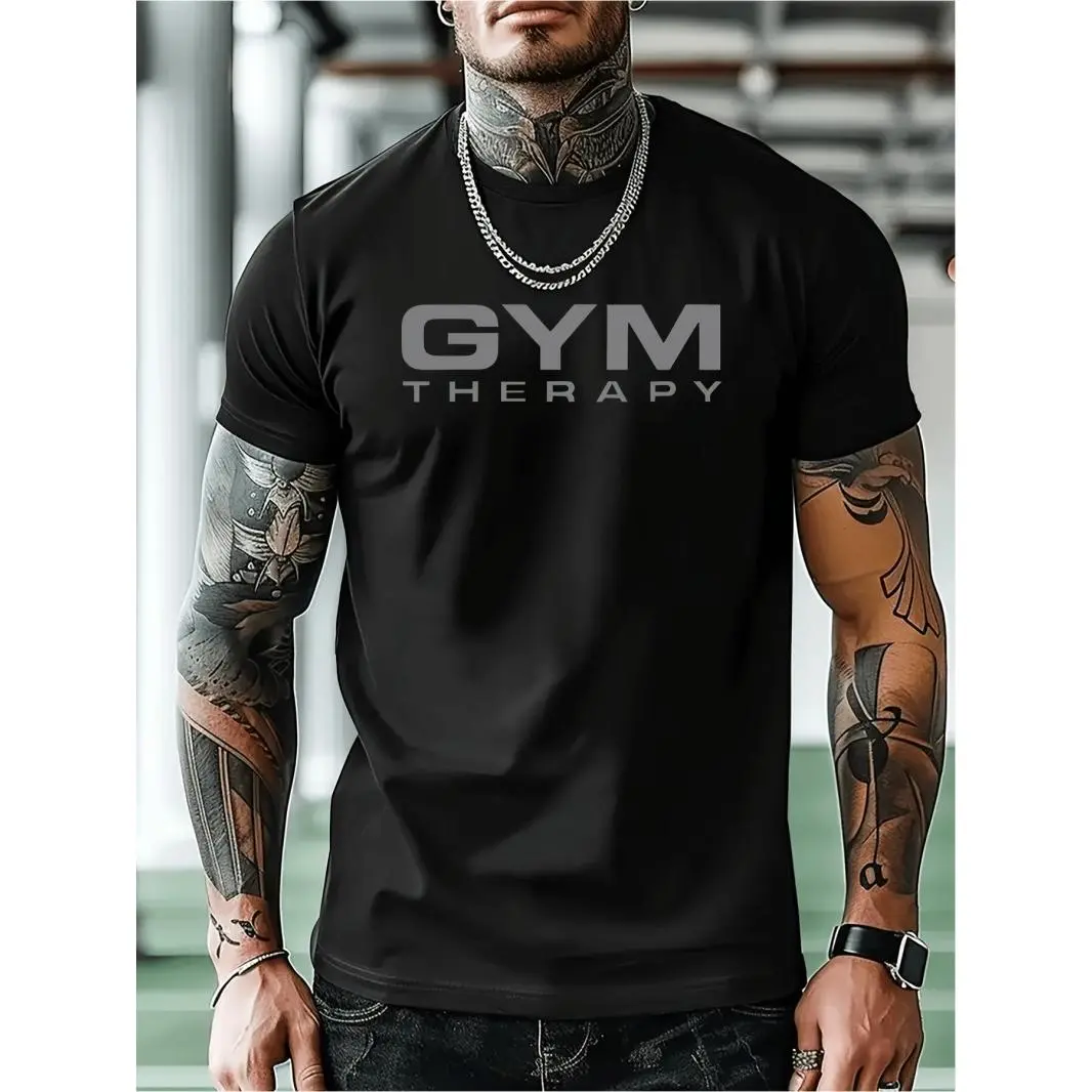 Gym Therapy Graphic Tee, Mens Workout Crewneck T-Shirt for Training Lifting Running and Fitness, Athletic Streetwear Activewear Short Sleeve Top