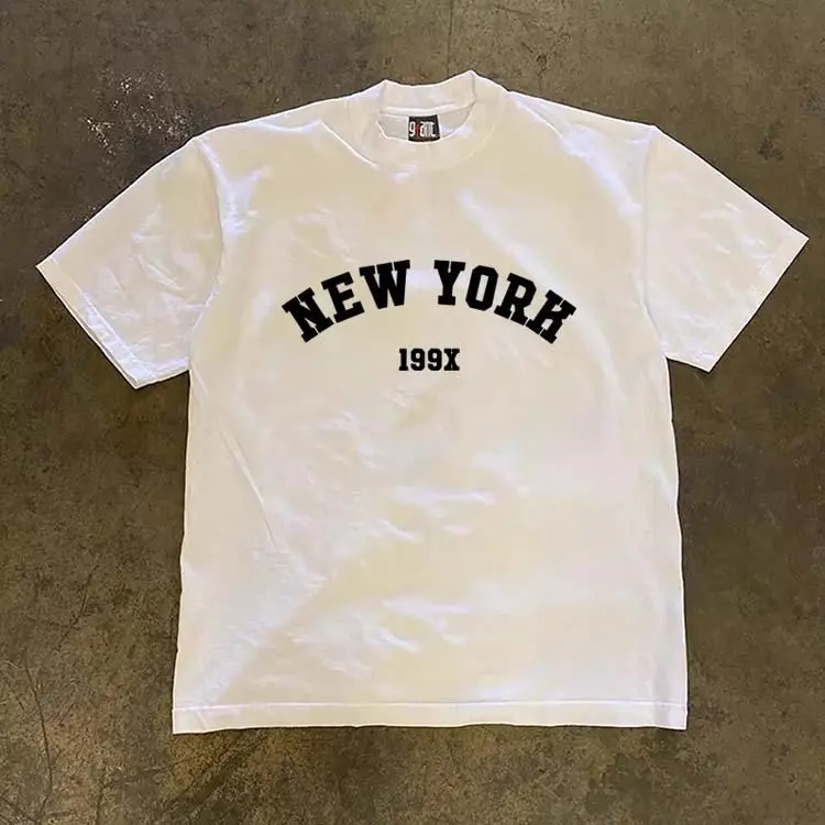 New York 199X Varsity Letter Graphic Tee, Korean Style Minimalist Streetwear T-Shirt, Unisex 100% Cotton Casual Classic or Washed Black Top