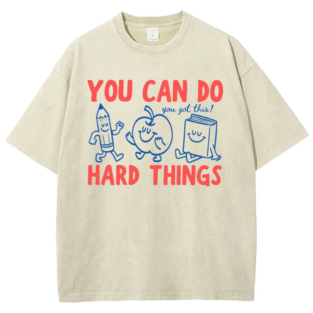 You Can Do Hard Things Washed Tee, Cute Retro Doodles You Got This Motivational Teacher Y2K Vintage Style Oversized Cotton Unisex T-Shirt