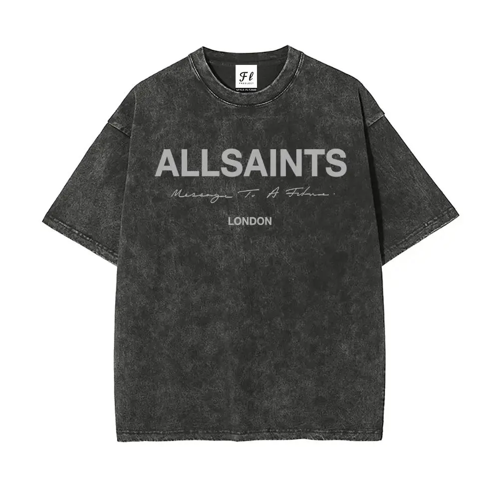 AllSaints London Message To A Future Minimalist Slogan Graphic Tee, Vintage Acid Washed Oversized Double-Sided Streetwear Men's T-Shirt