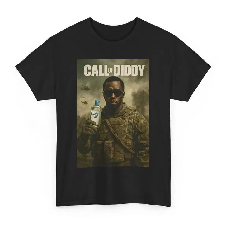 Call of Diddy Funny Diddy Baby Oil Meme 25 Graphic Tee, Video Game Poster Parody Print Relaxed Fit Cotton T-Shirt, 90s Streetwear Unisex Shirt