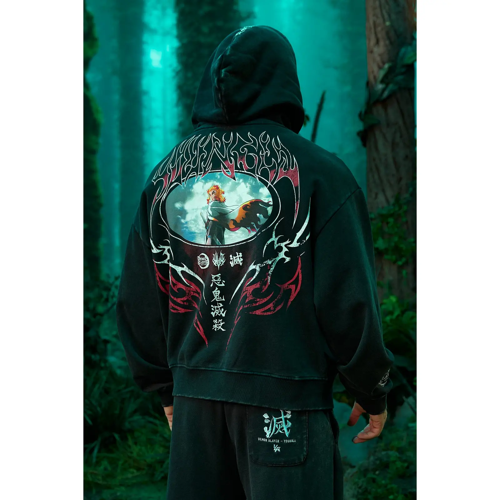 Demon Slayer Kimetsu no Yaiba YoungLA Tanjiro Rengoku Zenitsu Hashira Anime Hoodie, Gothic Streetwear Two-Sided Print Washed Heavyweight Pullover