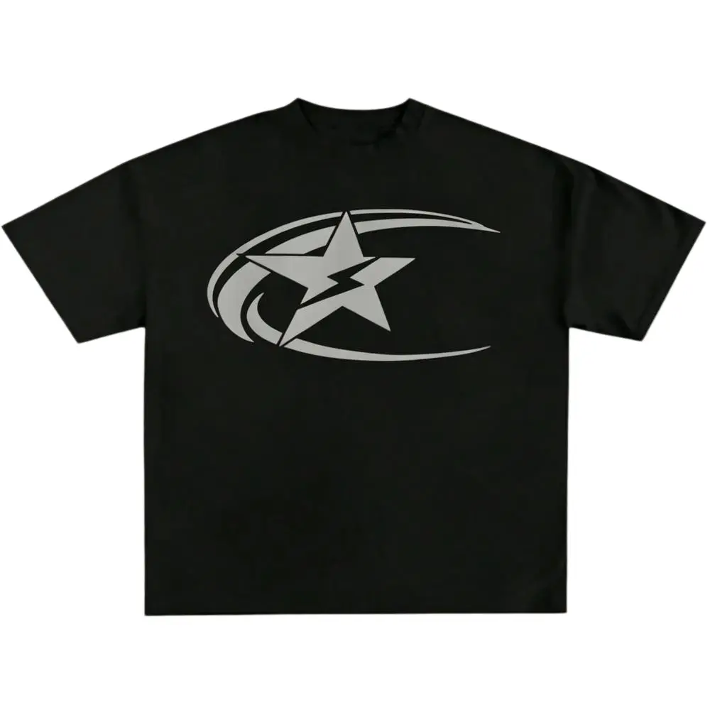 Retro Shooting Star Graphic T-Shirt, Y2K Aesthetic Swoosh Star Logo Print Tee, Vintage Style Casual Streetwear Oversized Boxy Unisex Black Top