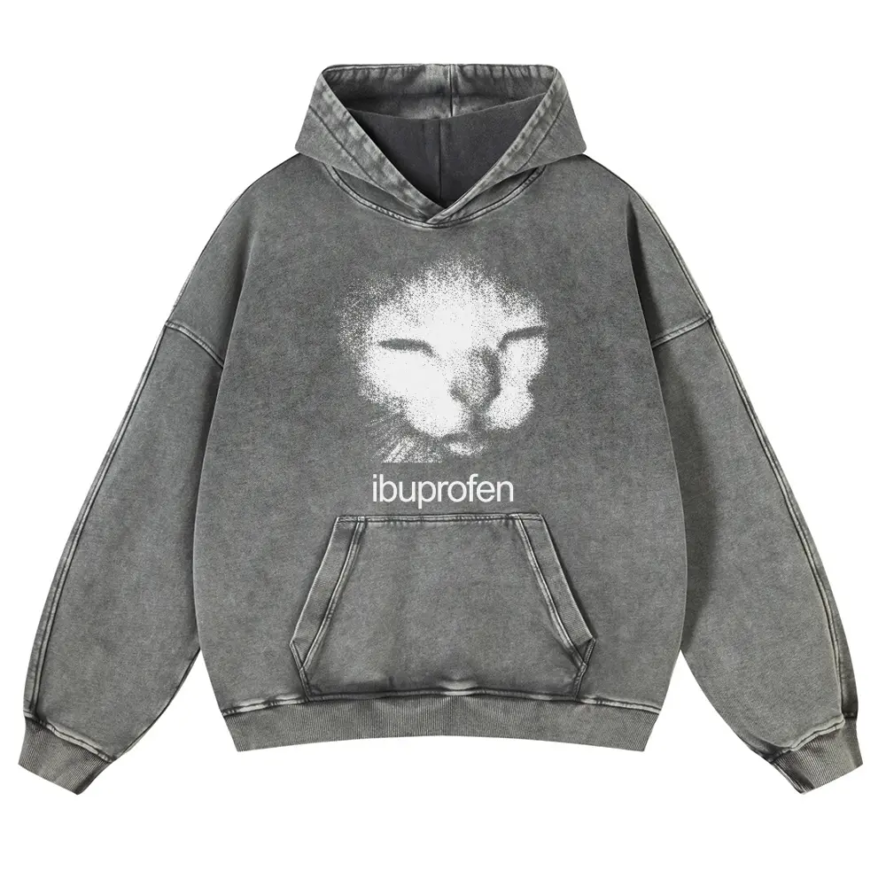 Ibuprofen Cat Meme Vintage Washed Hoodie, Funny Internet Meme Graphic Heavyweight 380g Autumn Casual Pullover Hooded Sweatshirt