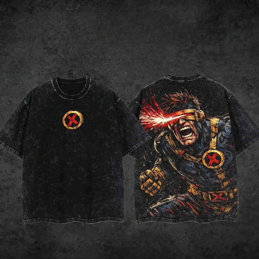 Laser Eye Super Fighter Cyclops Comic Print Vintage Washed Black Tee, Double-Sided Retro Streetwear Oversized Unisex Graphic T-Shirt