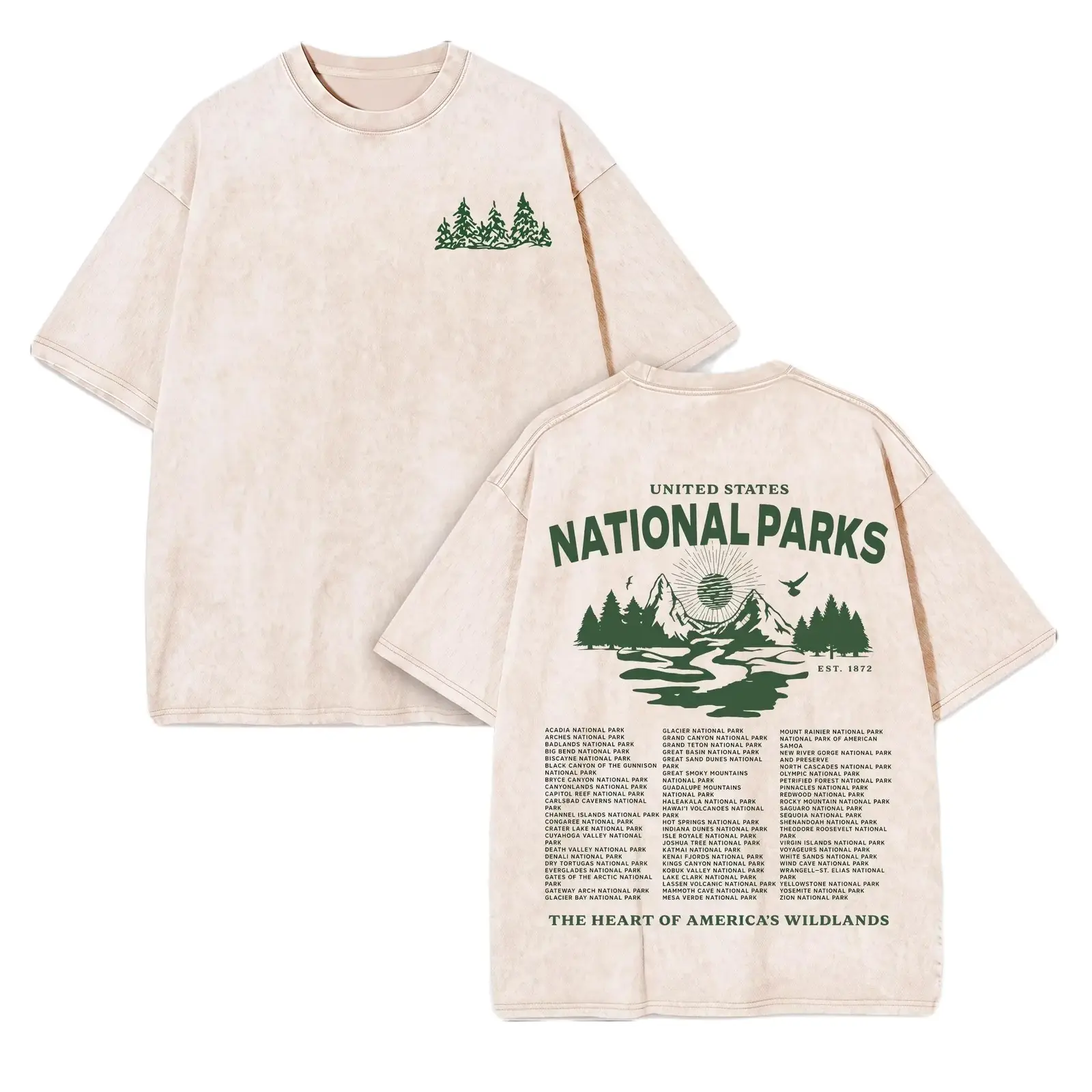 United States National Parks Forest Graphic Tee, Vintage Acid Wash Outdoor Double-Sided Print Shirt, Heavyweight Oversized Grunge T-Shirt