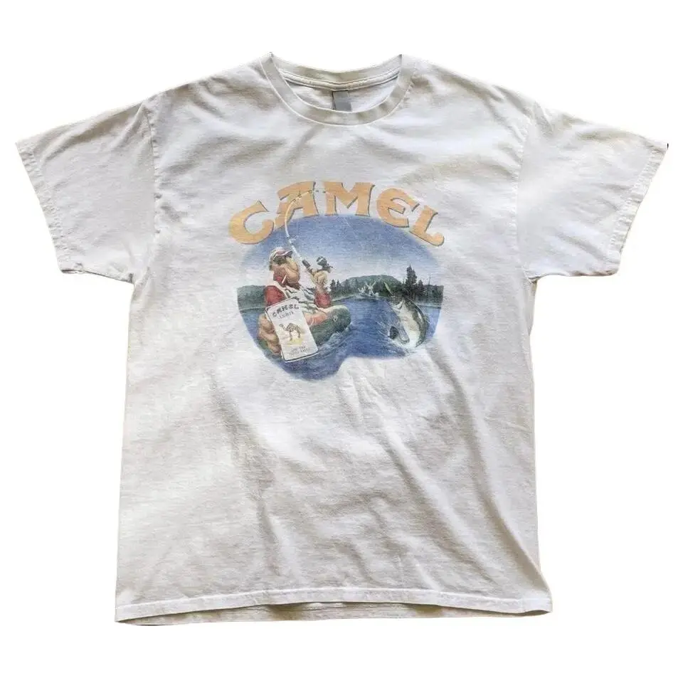 Camel Smoking Joe Fly Fishing Graphic Tee, 90s Vintage Retro Cigarette Ad Shirt, 2000s Sports and Outdoor Streetwear Unisex Cotton T-Shirt