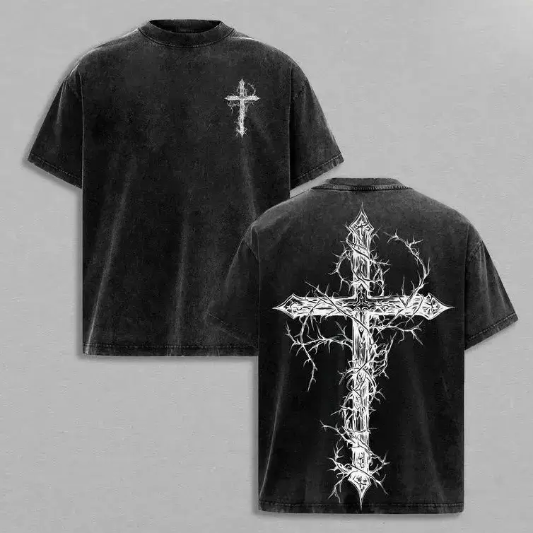 Gothic Thorn Cross Christian Washed Tee, Grunge Gothic Edge Streetwear Front and Back Graphic Print Baggy Fit Men's Cotton T-Shirt