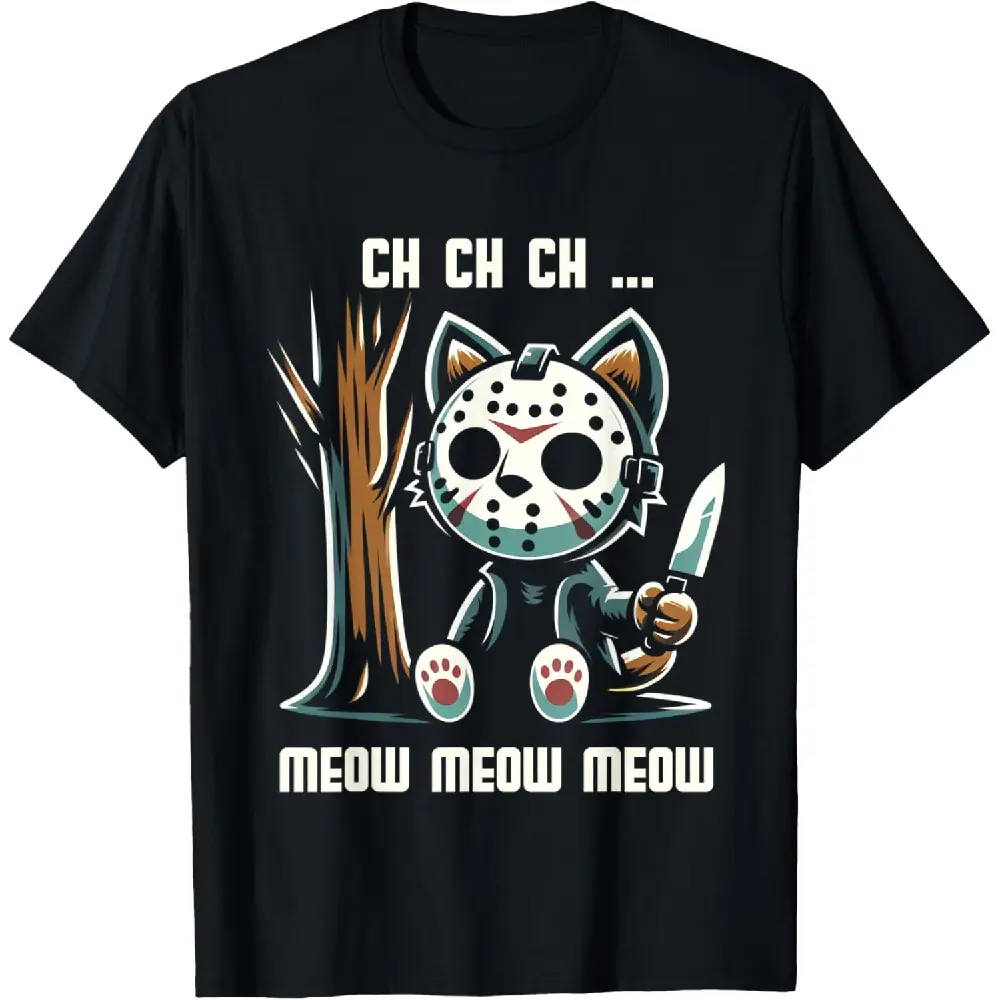 Ch Ch Ch Meow Meow Meow Vintage Horror Movie Cat Tee, Funny Hockey Mask Kitten Halloween Graphic Shirt, Classic or Washed Unisex T-Shirt