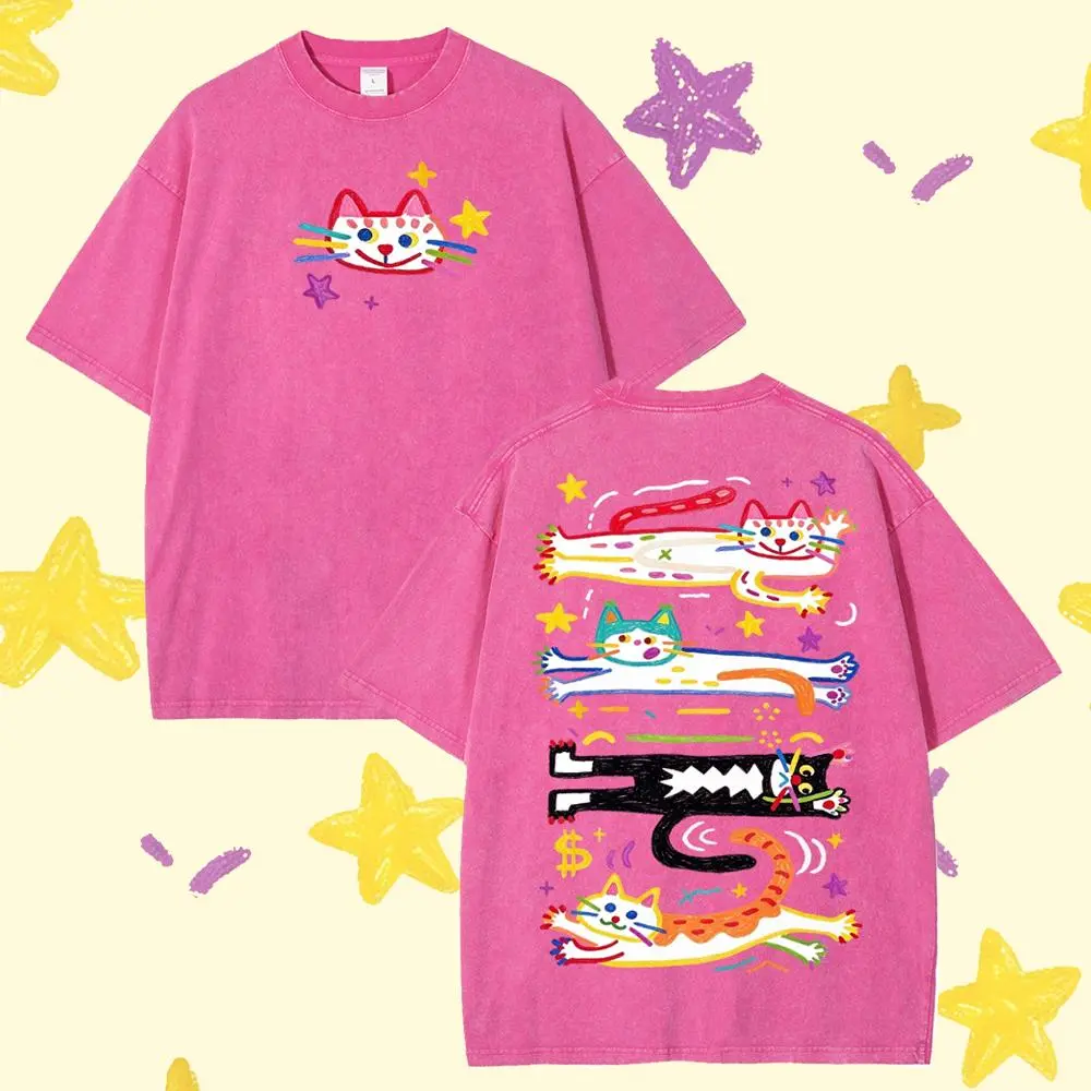 Star Cat Playful Art Stretchy Cats Graphic Tee, Cute Y2K Vintage Washed Double-Sided Print Shirt, Oversized Casual Cotton Unisex T-Shirt