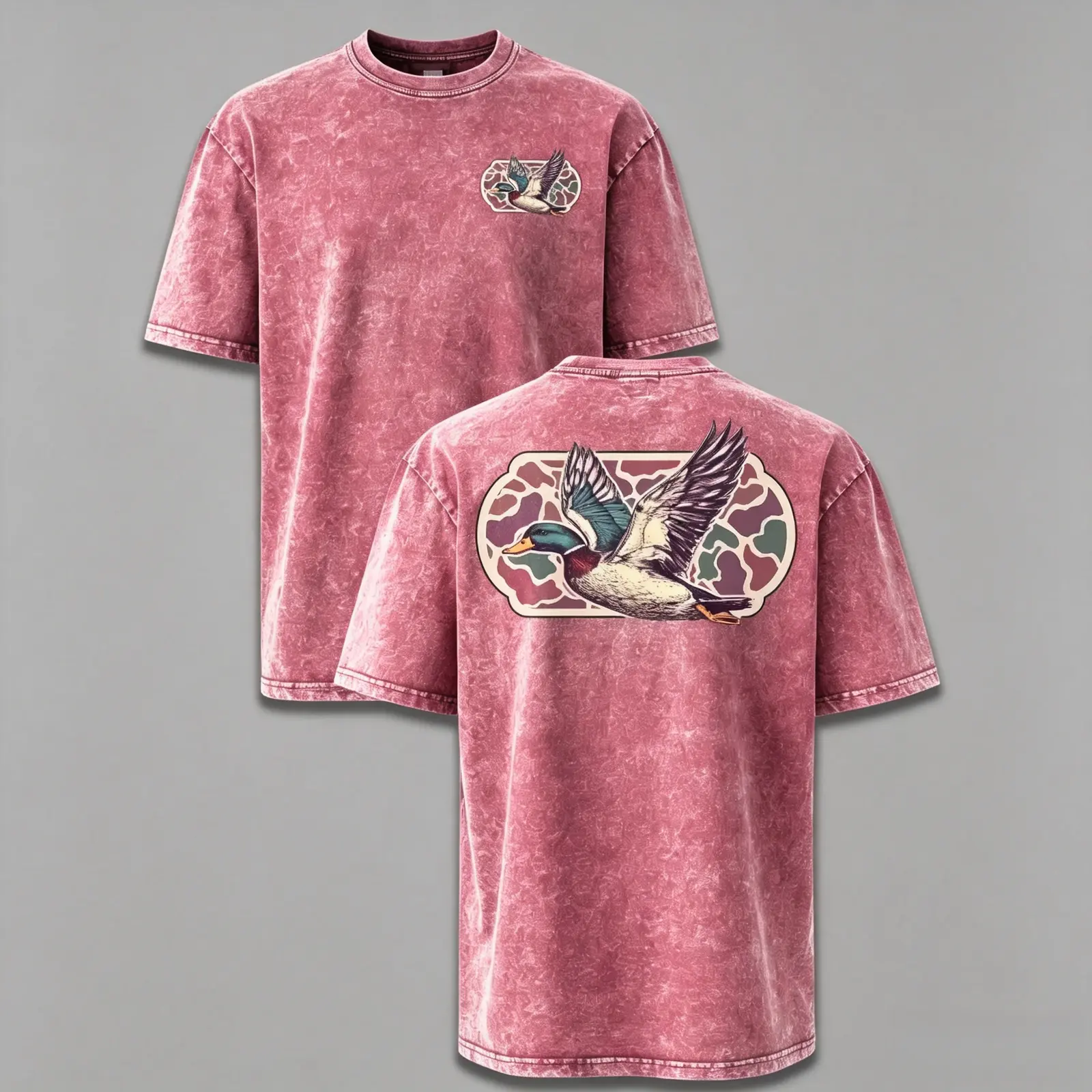 Vintage Washed Mallard Duck Camo Frame Two-Sided Graphic Tee, Oversized Waterfowl Hunting Southern Outdoor Duck Hunter T-Shirt