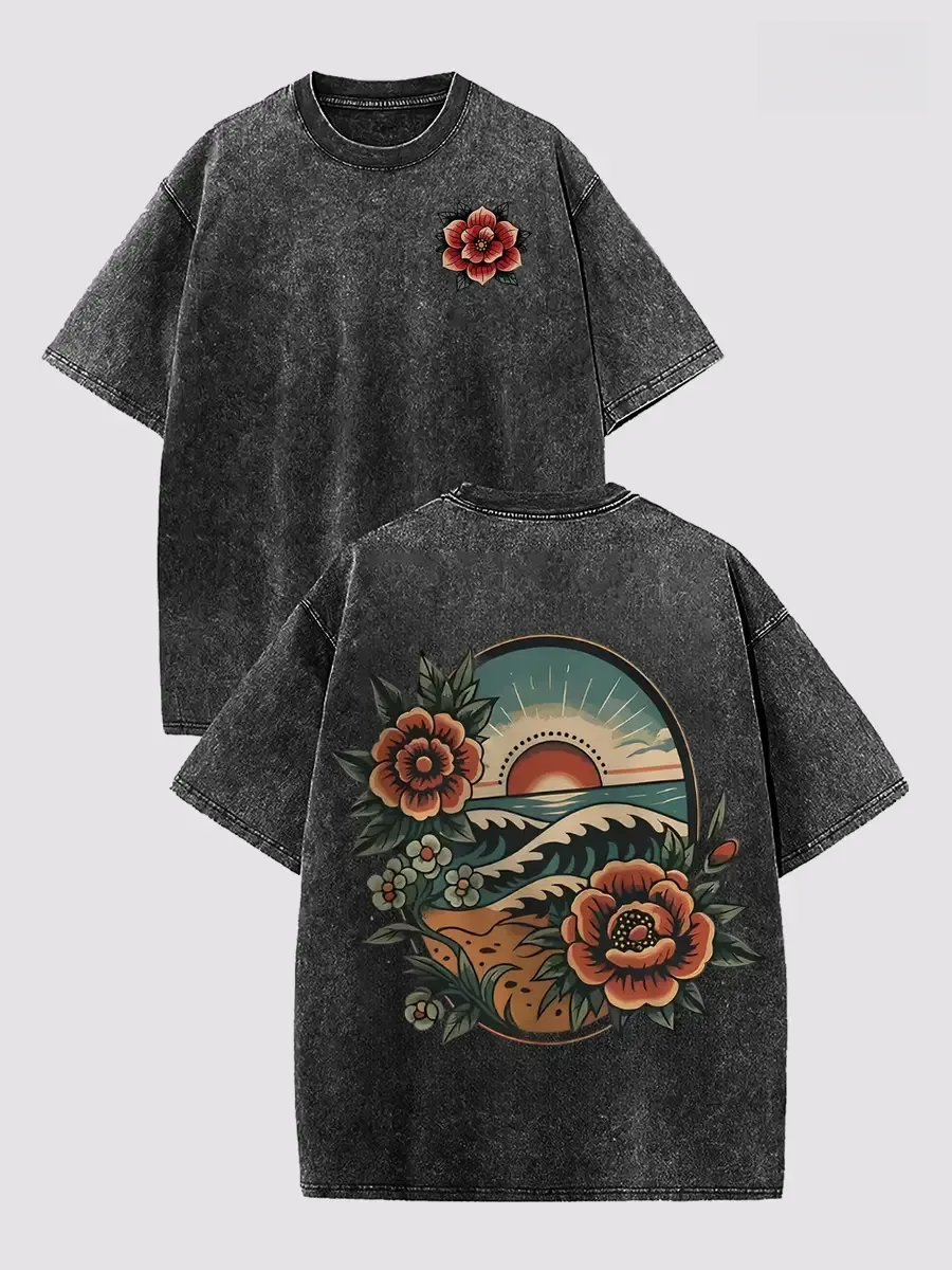Old School Tattoo Floral Sunset Ocean Wave Graphic Tee, Vintage Acid Wash Front and Back Print Retro West Coast Surf Aesthetic Women T-Shirt