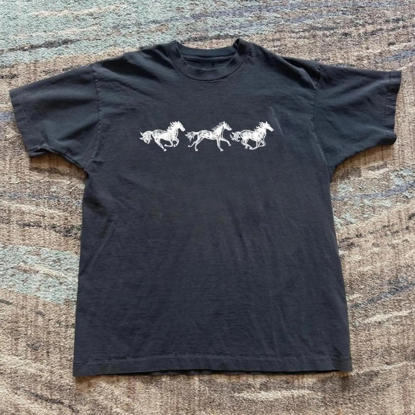 Three Running Horses Vintage Graphic Tee, Gothic Grunge Y2K Emo Alt Western Wild Horse Print Unisex Cotton Streetwear Crewneck T-Shirt