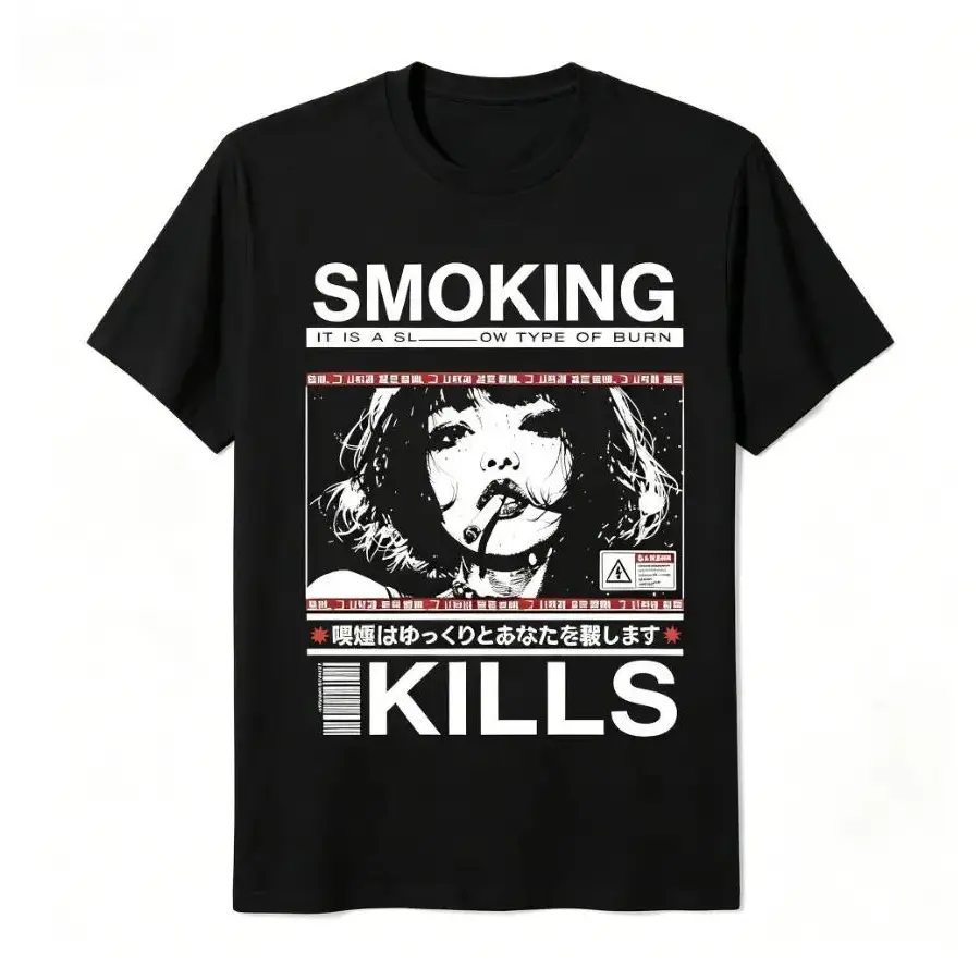 Smoking Kills Retro Manga Style Graphic T-Shirt, Japanese Anime Girl Cigarette Warning Label Art Vintage Streetwear Cotton Tee