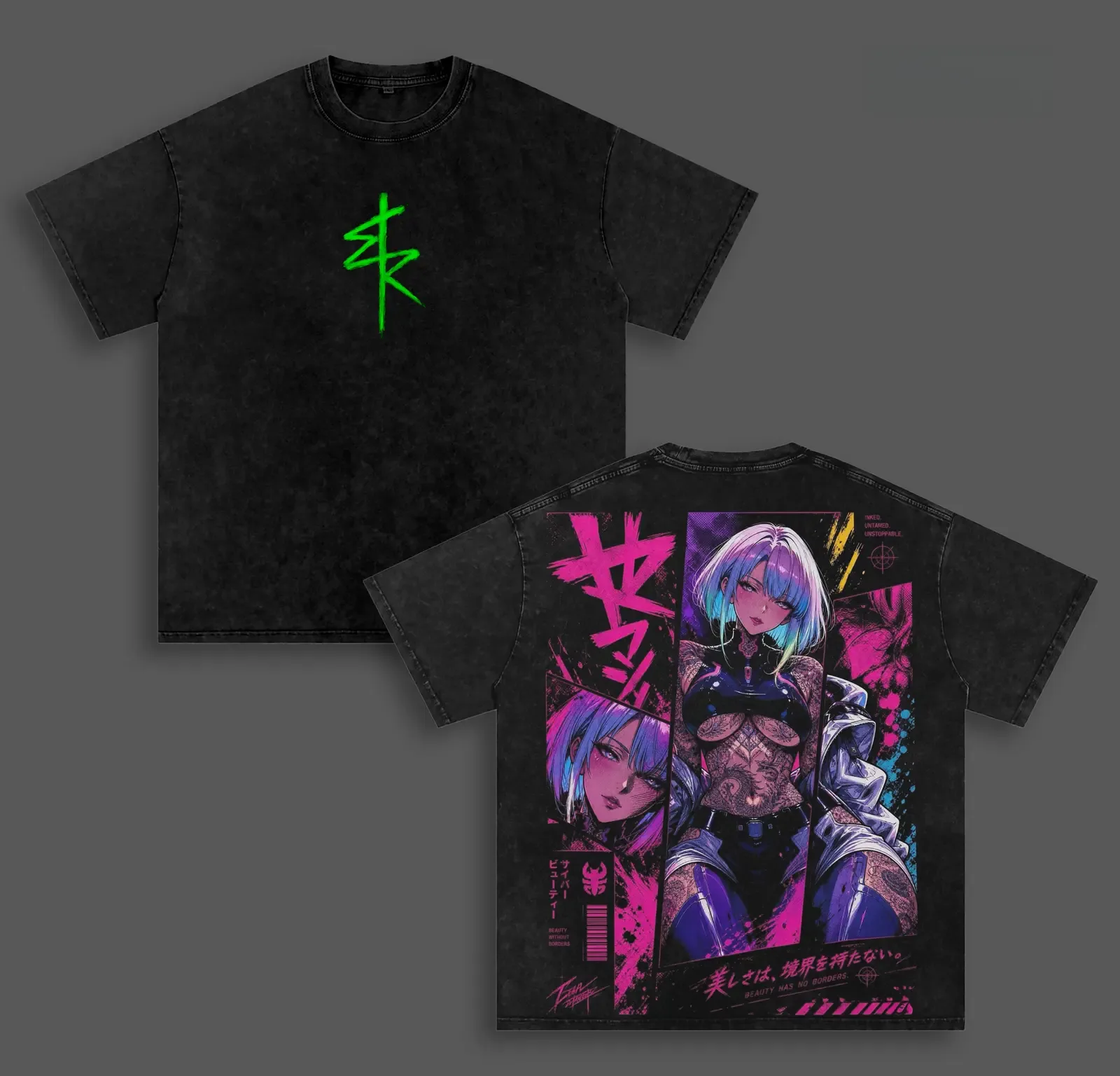 Lucy Cyberpunk Edgerunners Anime Vintage Washed Tee, Double-Sided Print Mineral Wash Oversized Heavyweight Cotton Unisex T-Shirt