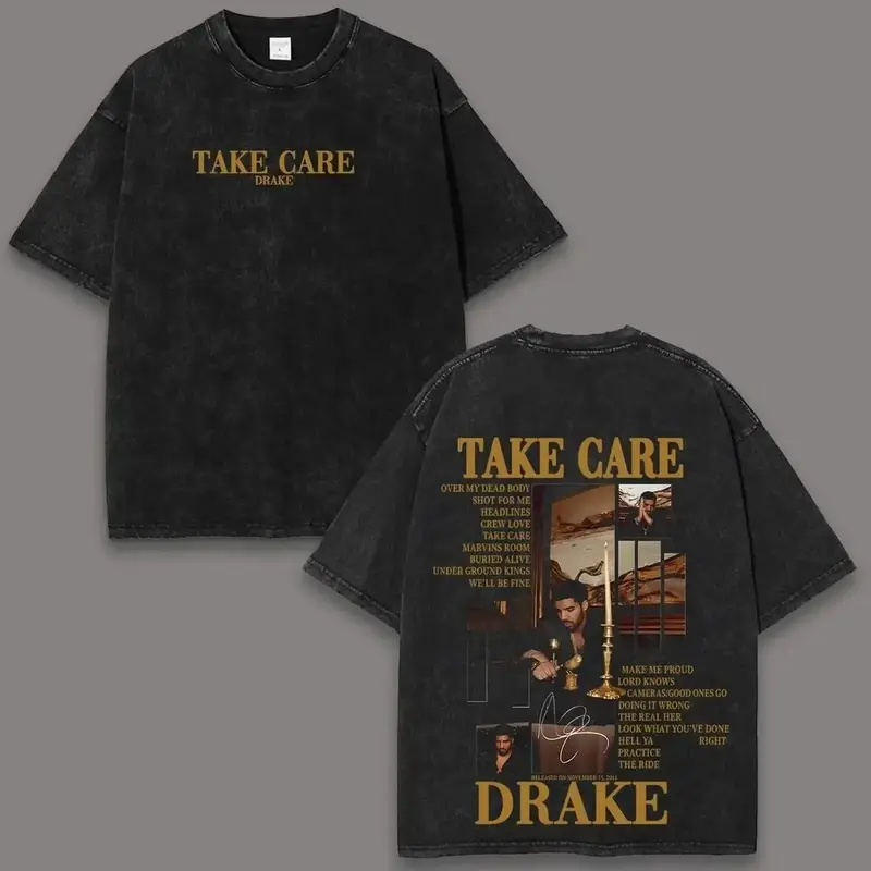 Drake Take Care Acid Wash T-Shirt, Y2K Retro Rap Music Album Tracklist Graphic Tee, Double-Sided Print Loose Fit Unisex Cotton Streetwear Shirt