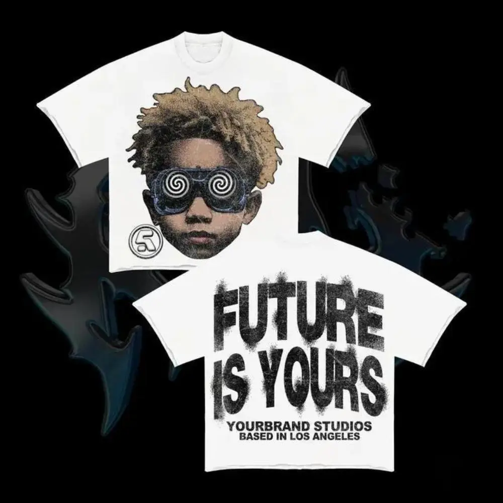 Future Is Yours Bold Slogan Graphic Tee, Y2K Spiral Glasses Kid Portrait Front and Back Print Streetwear Fitted Cotton Round Neck T-Shirt